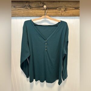 Old Navy Teal Long Sleeve V-Neck Ribbed Henley Top 4x